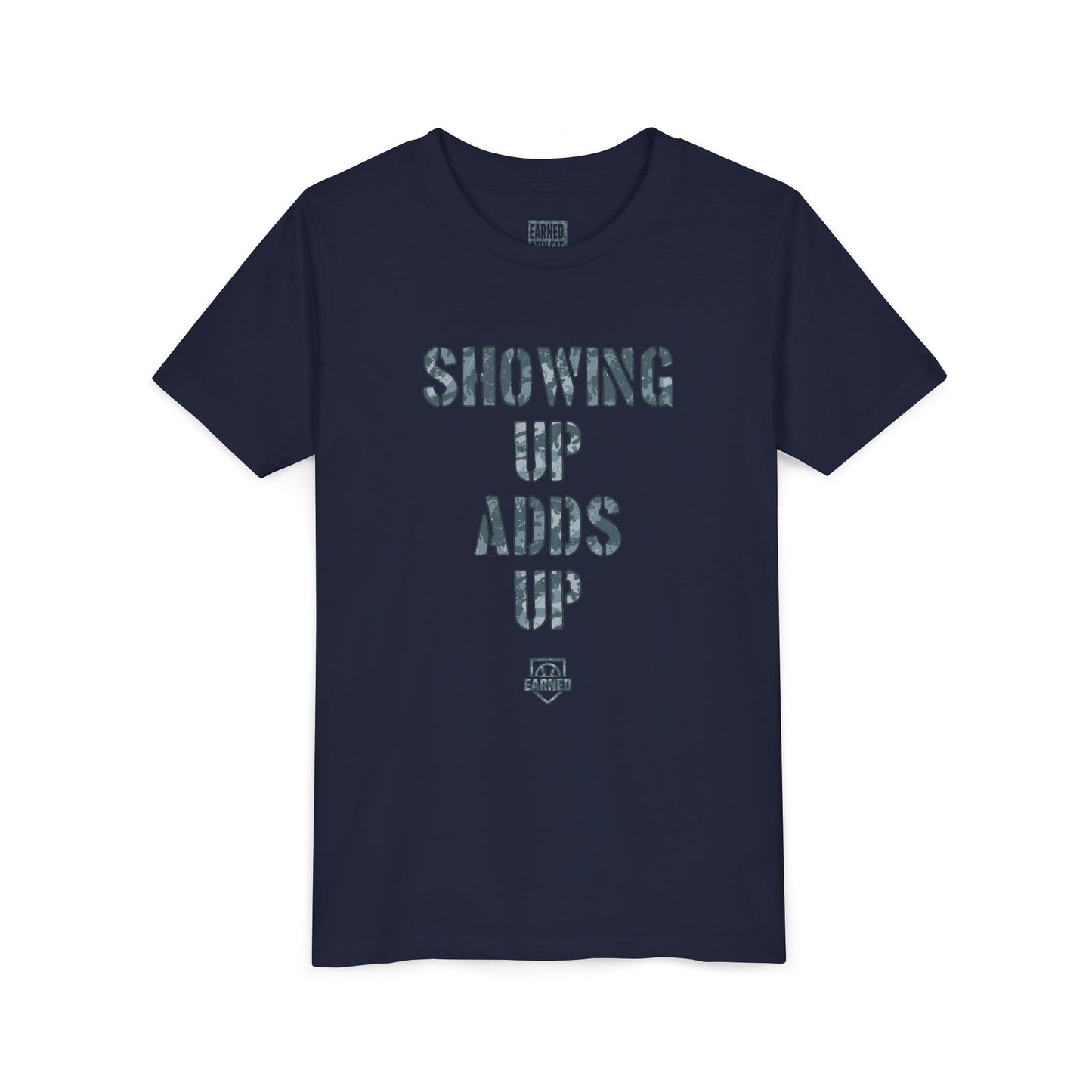 SHOWING UP ADDS UP Youth Tee (Grey Camo Font)