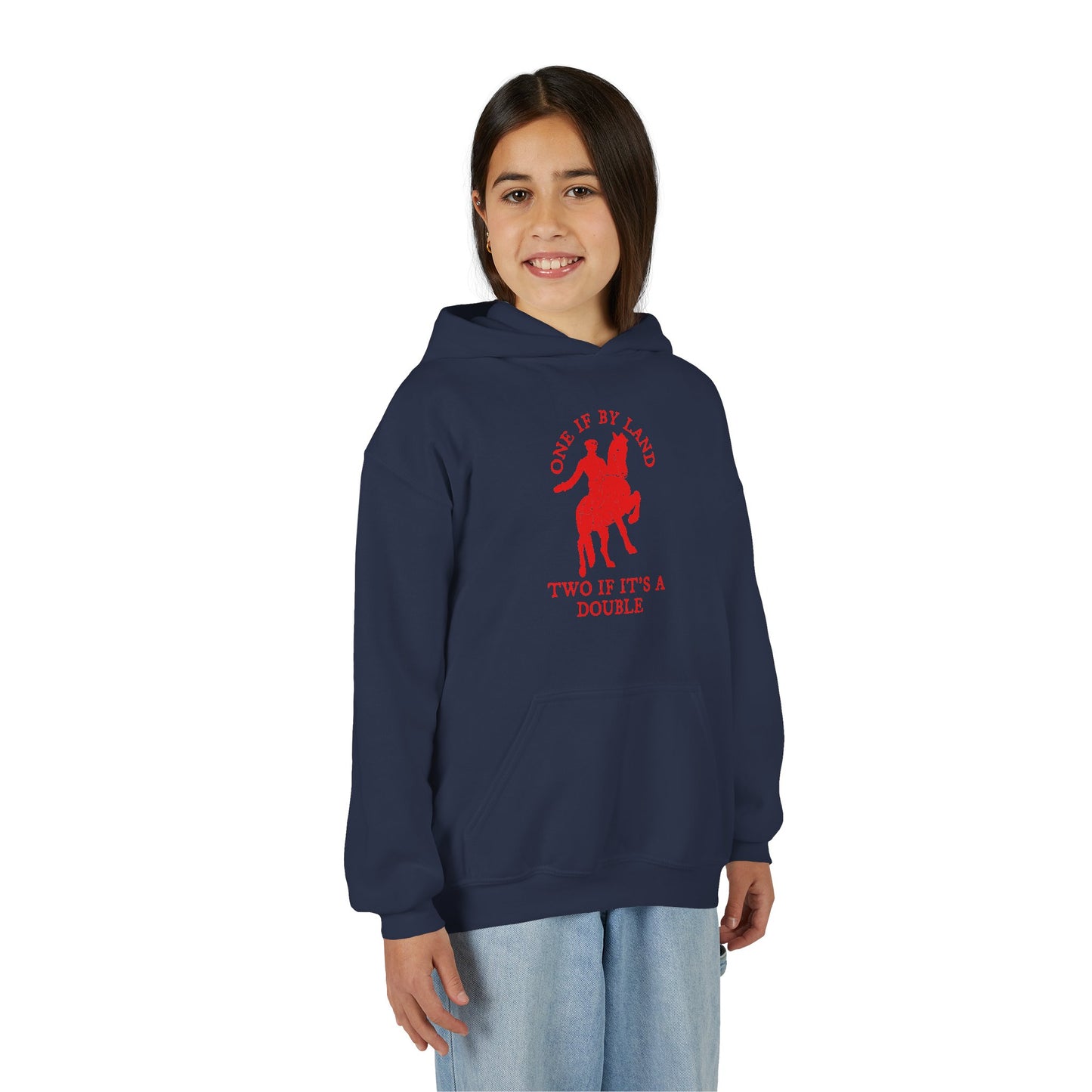 ONE IF BY LAND, TWO IF IT'S A DOUBLE Youth Hoodie (Paul Revere Red) - AMERICA 250 Collection