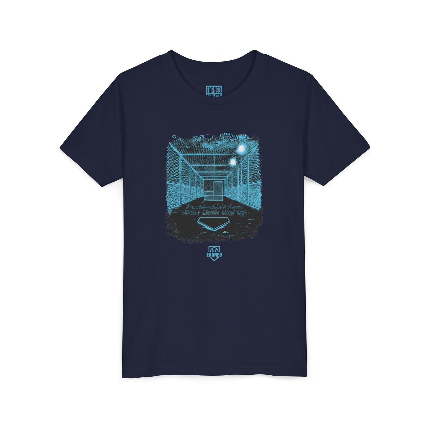 PRACTICE AIN'T OVER TILL THE LIGHTS SHUT OFF Youth Tee (Blue Font)