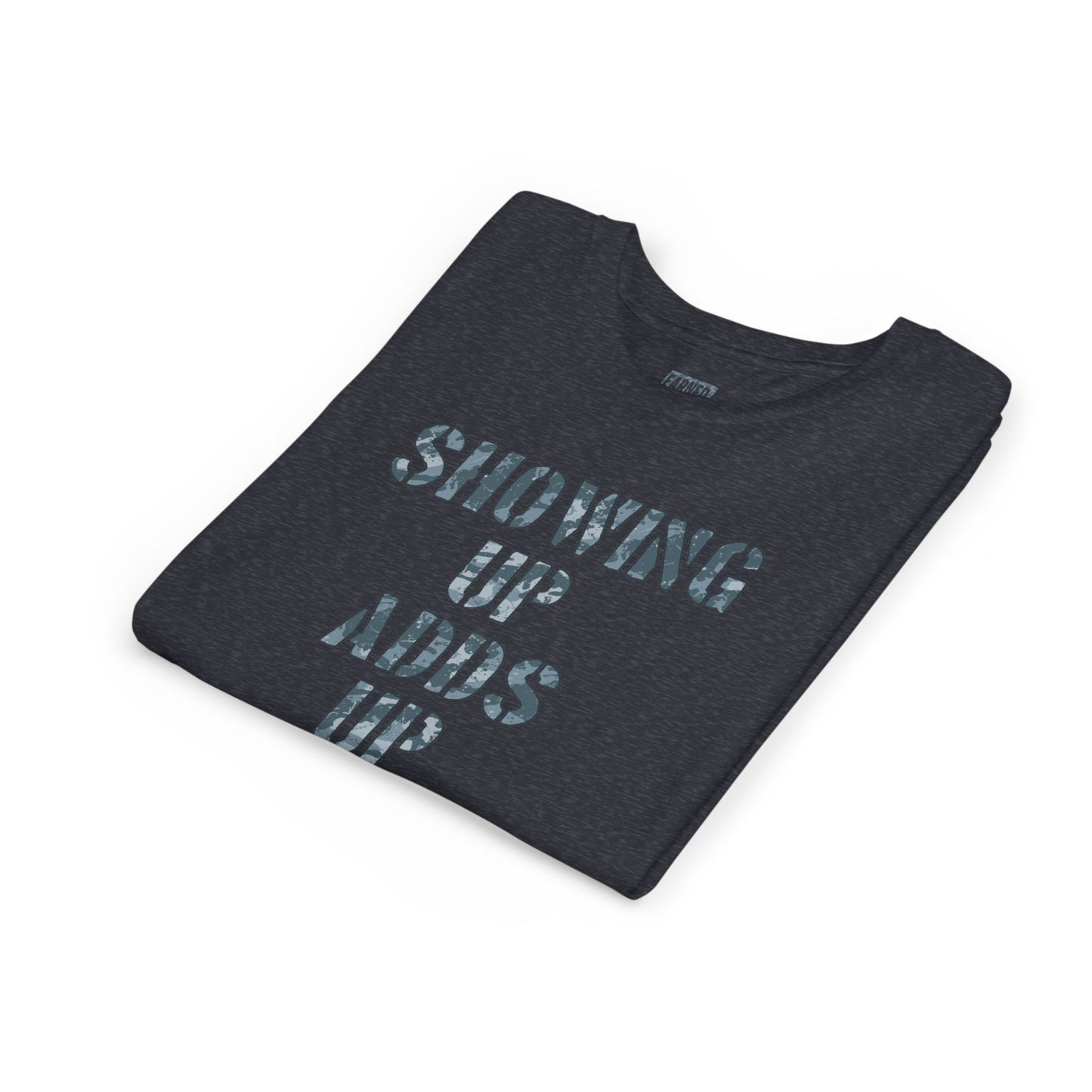 SHOWING UP ADDS UP Youth Tee (Grey Camo Font)