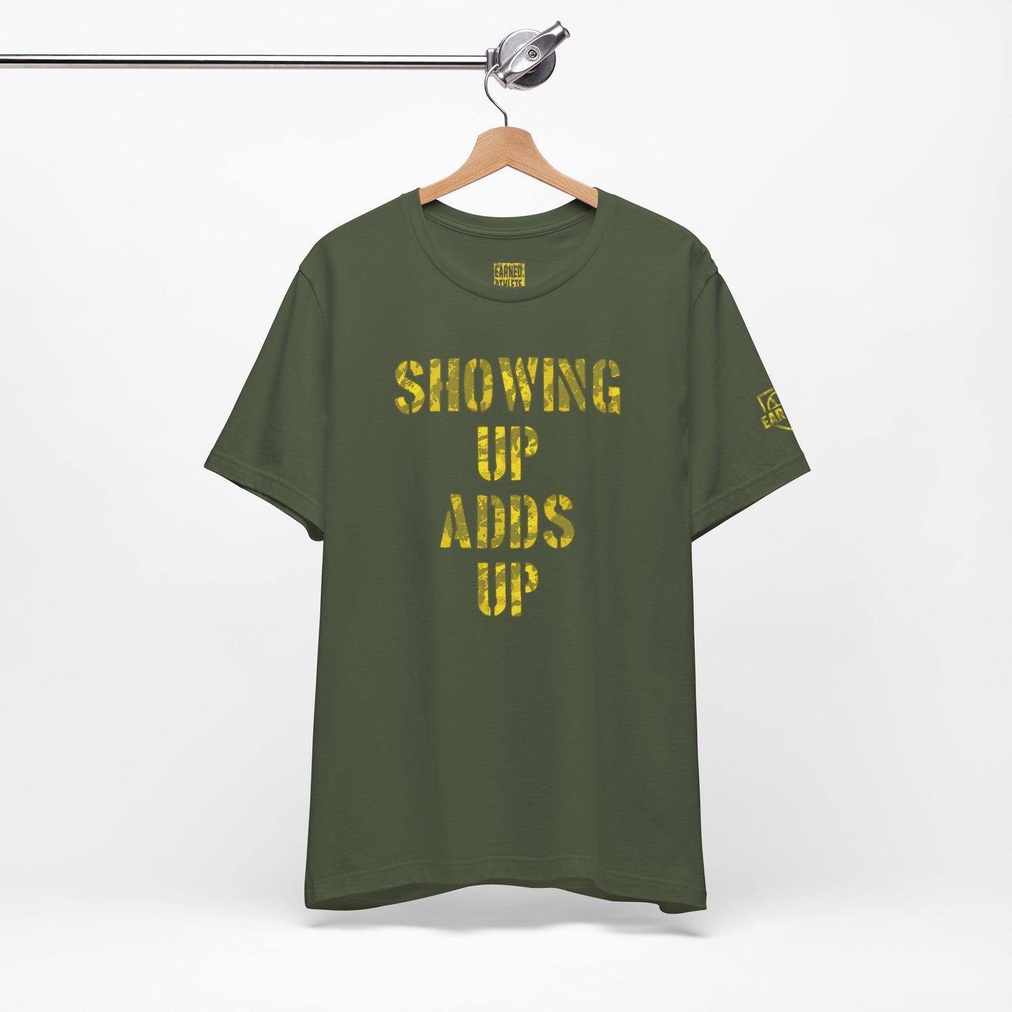 SHOWING UP ADDS UP Tee (Yellow Camo Font)