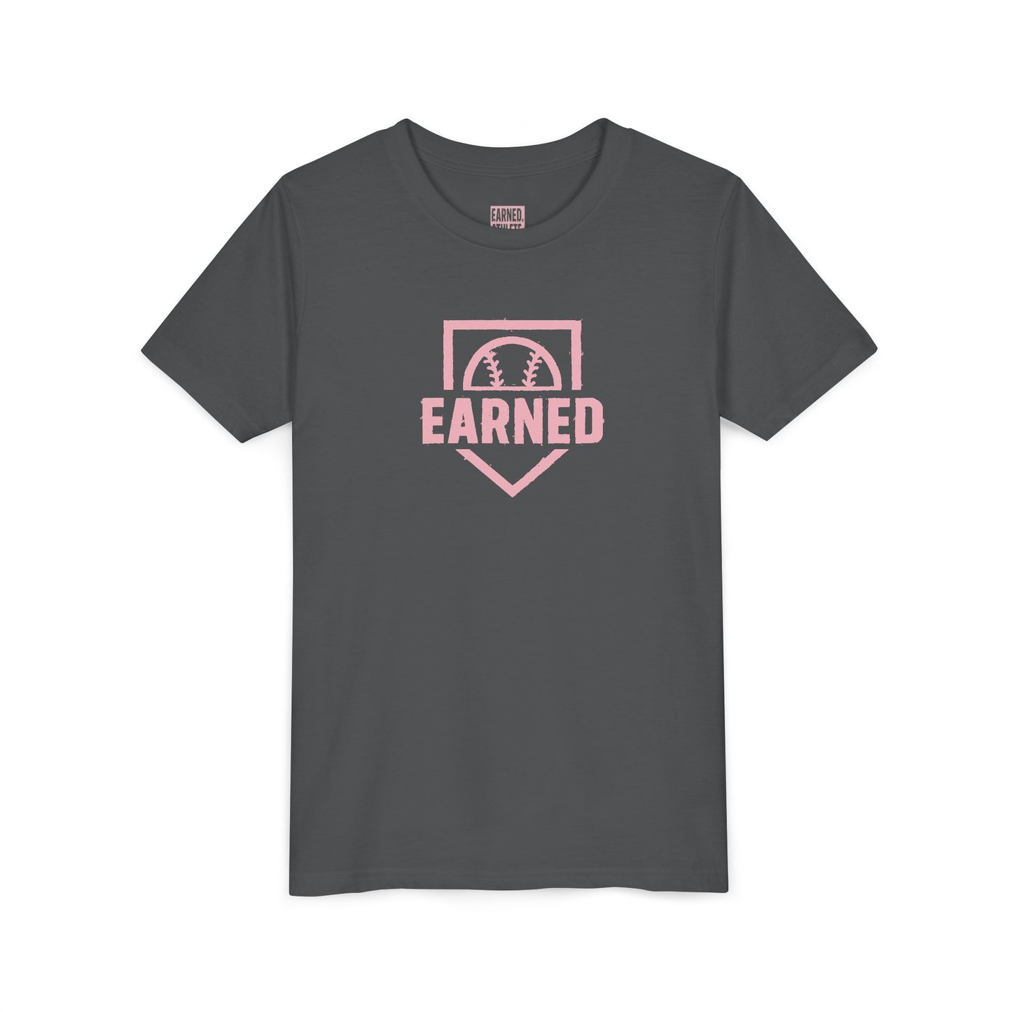 EARNED Logo Youth Tee (Soft Pink logo)