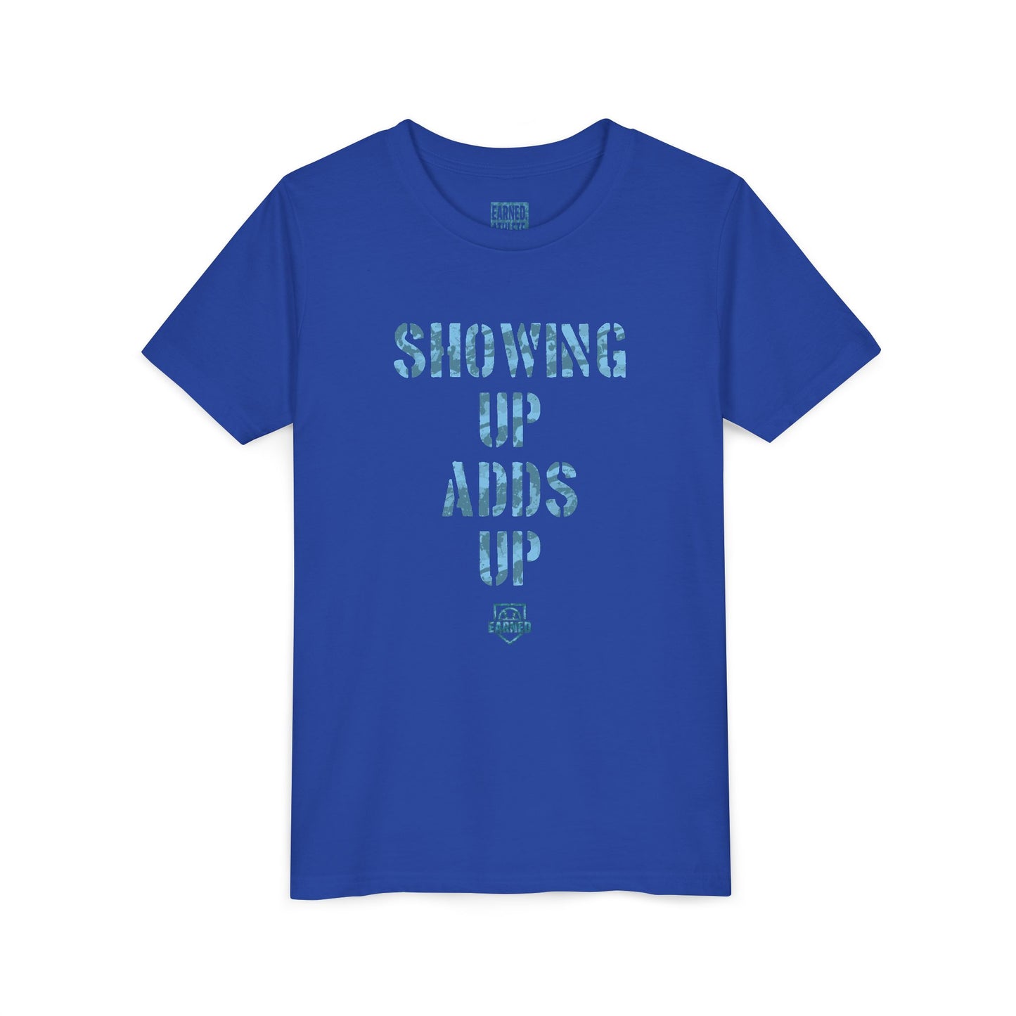 SHOWING UP ADDS UP Youth Tee (Blue Camo Font)