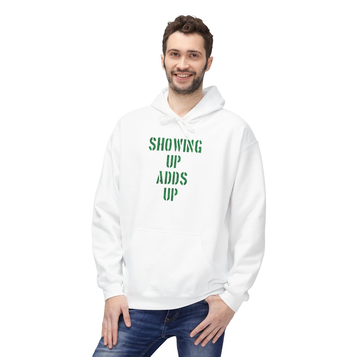 SHOWING UP ADDS UP Adult Hoodie (Green Camo Logo)