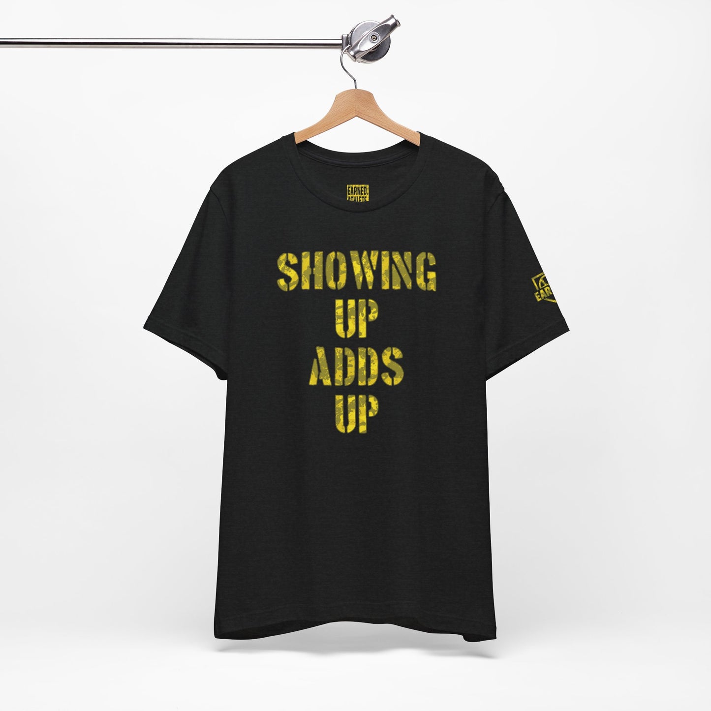 SHOWING UP ADDS UP Tee (Yellow Camo Font)