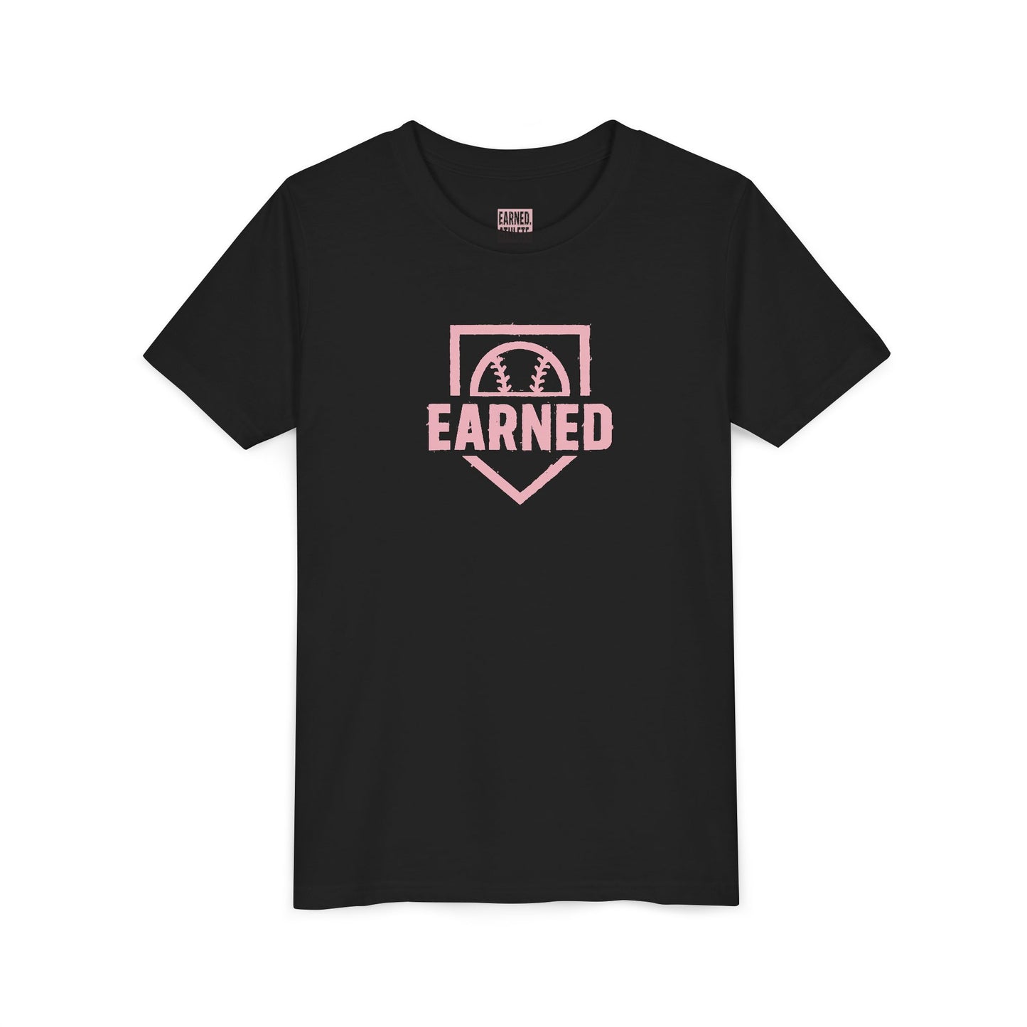EARNED Logo Youth Tee (Soft Pink logo)
