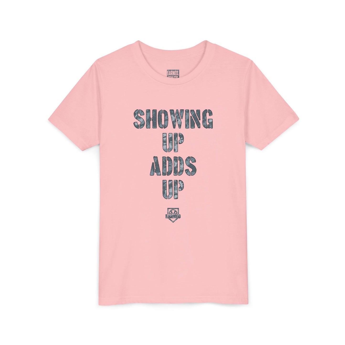 SHOWING UP ADDS UP Youth Tee (Grey Camo Font)