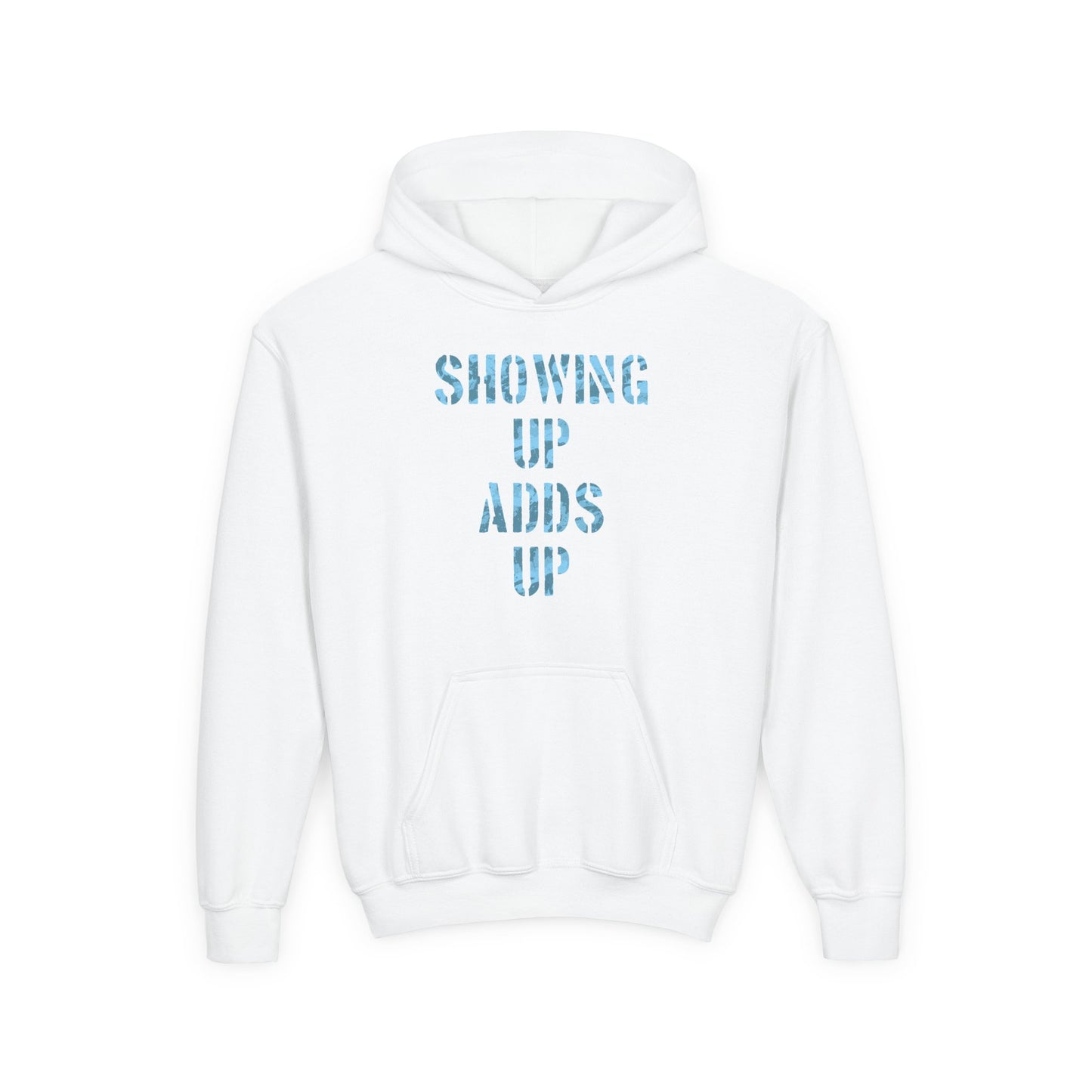 SHOWING UP ADDS UP Youth Hoodie (Blue Camo Logo)