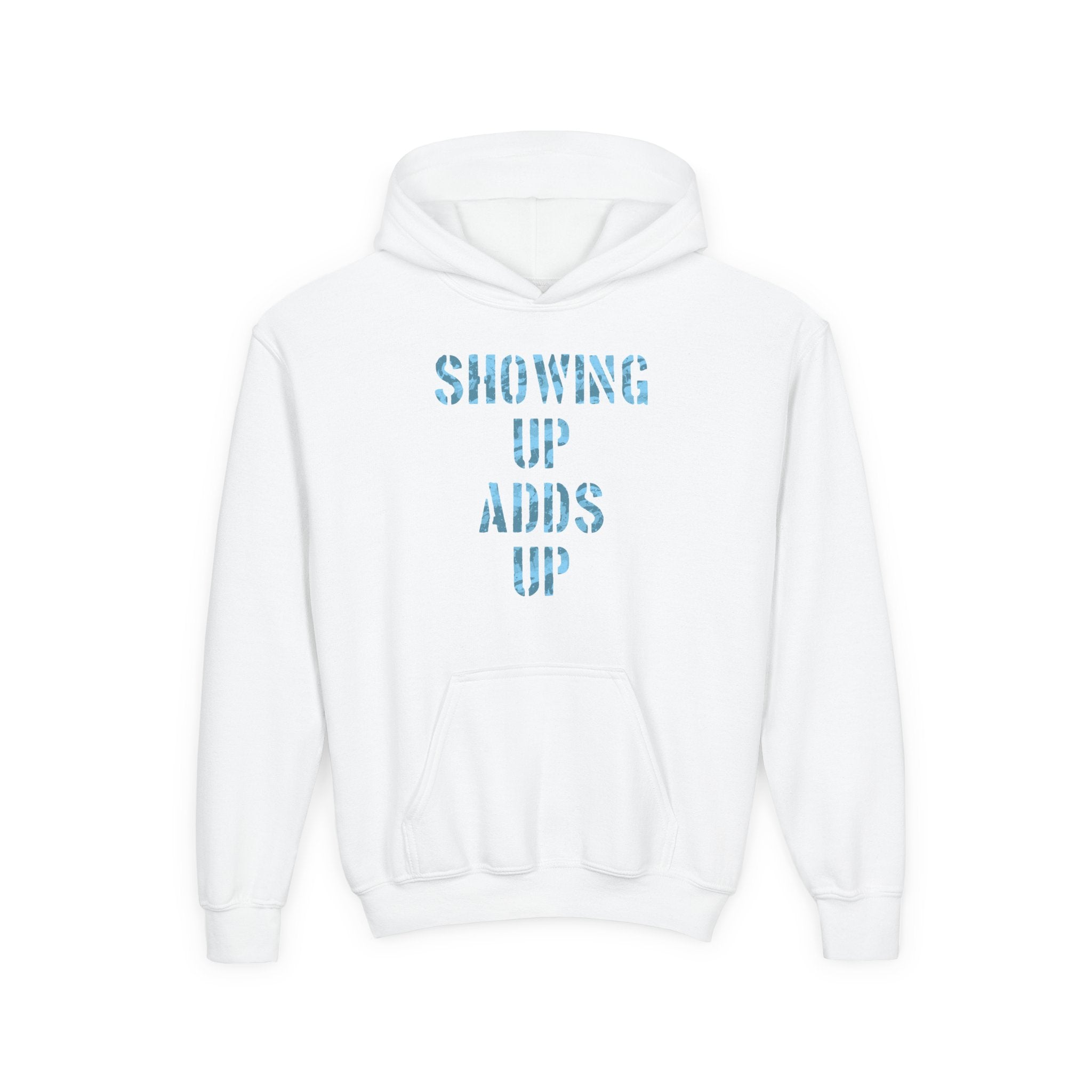 SHOWING UP ADDS UP Youth Hoodie (Blue Camo Logo)