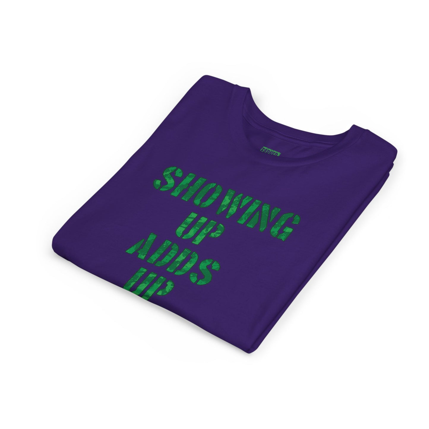 SHOWING UP ADDS UP Youth Tee (Green Camo Font)