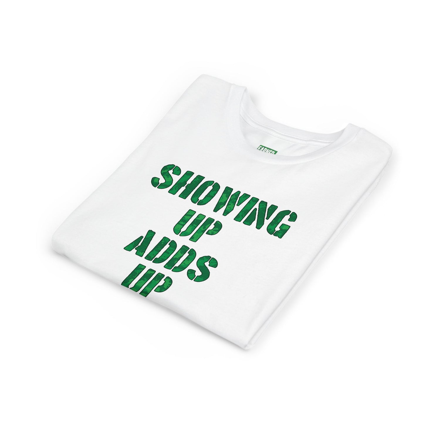 SHOWING UP ADDS UP Youth Tee (Green Camo Font)