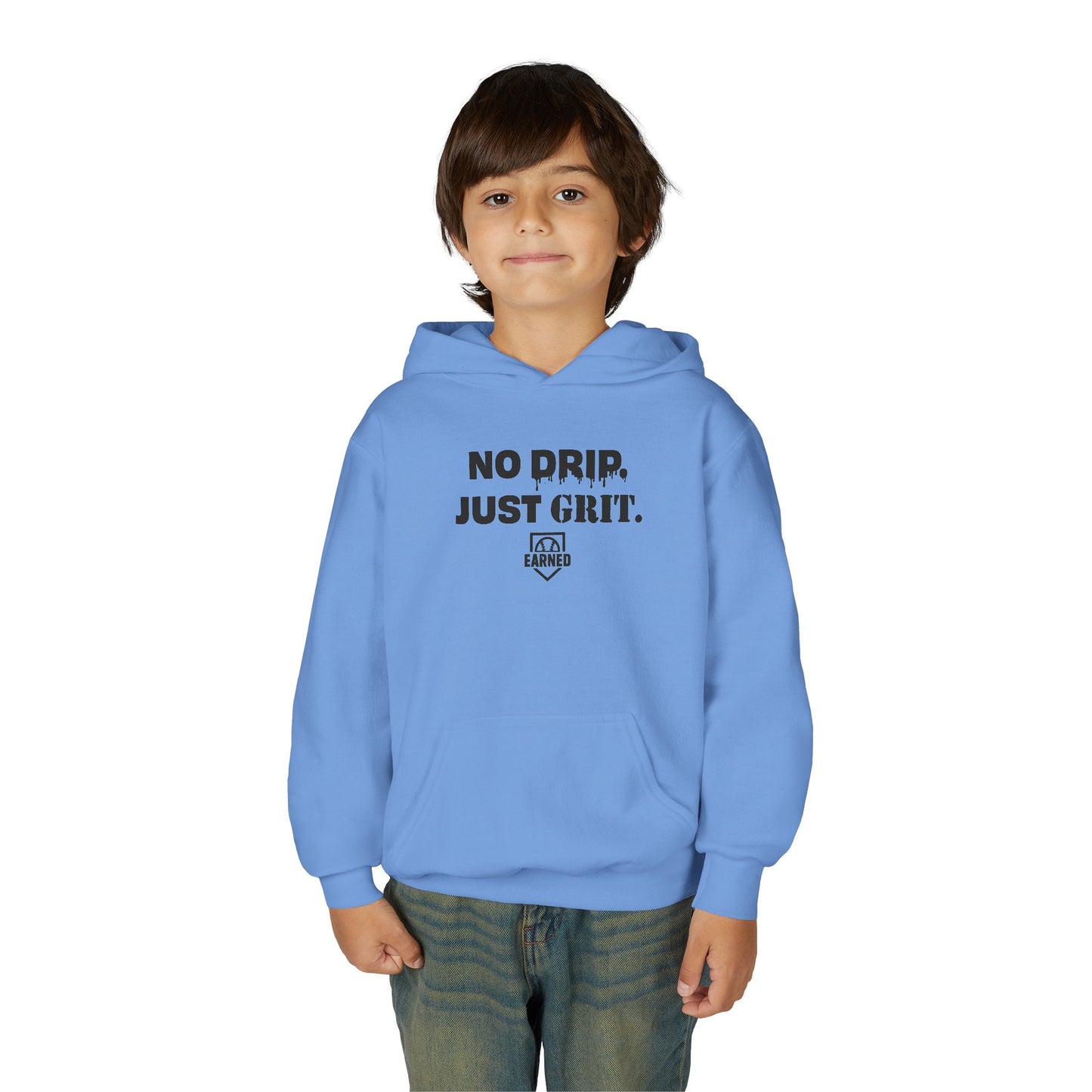 NO DRIP. JUST GRIT. Youth Hoodie (Black Logo)