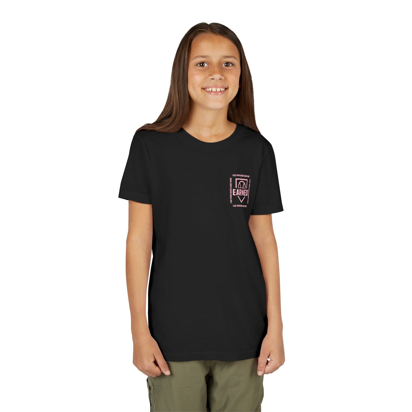 CAGE WORK MAKES GAME WORK Youth Tee (Pink Font)