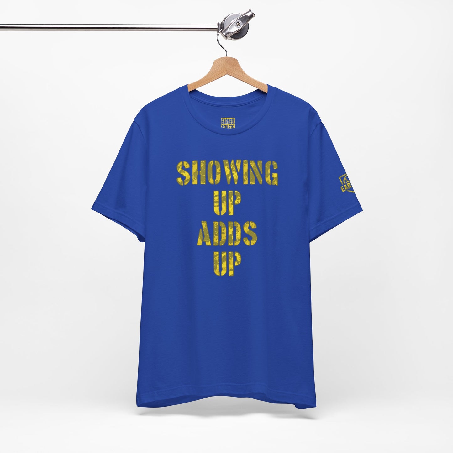 SHOWING UP ADDS UP Tee (Yellow Camo Font)