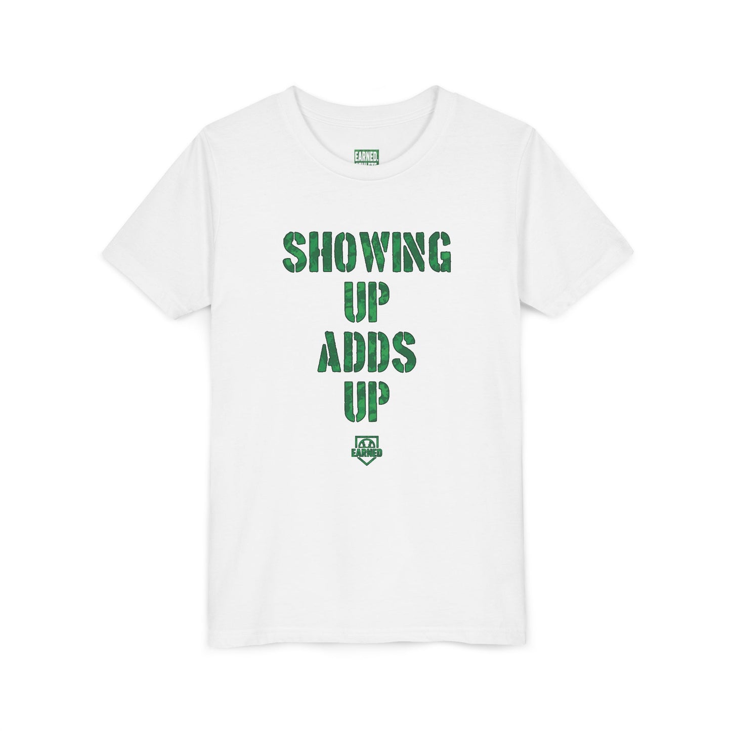 SHOWING UP ADDS UP Youth Tee (Green Camo Font)