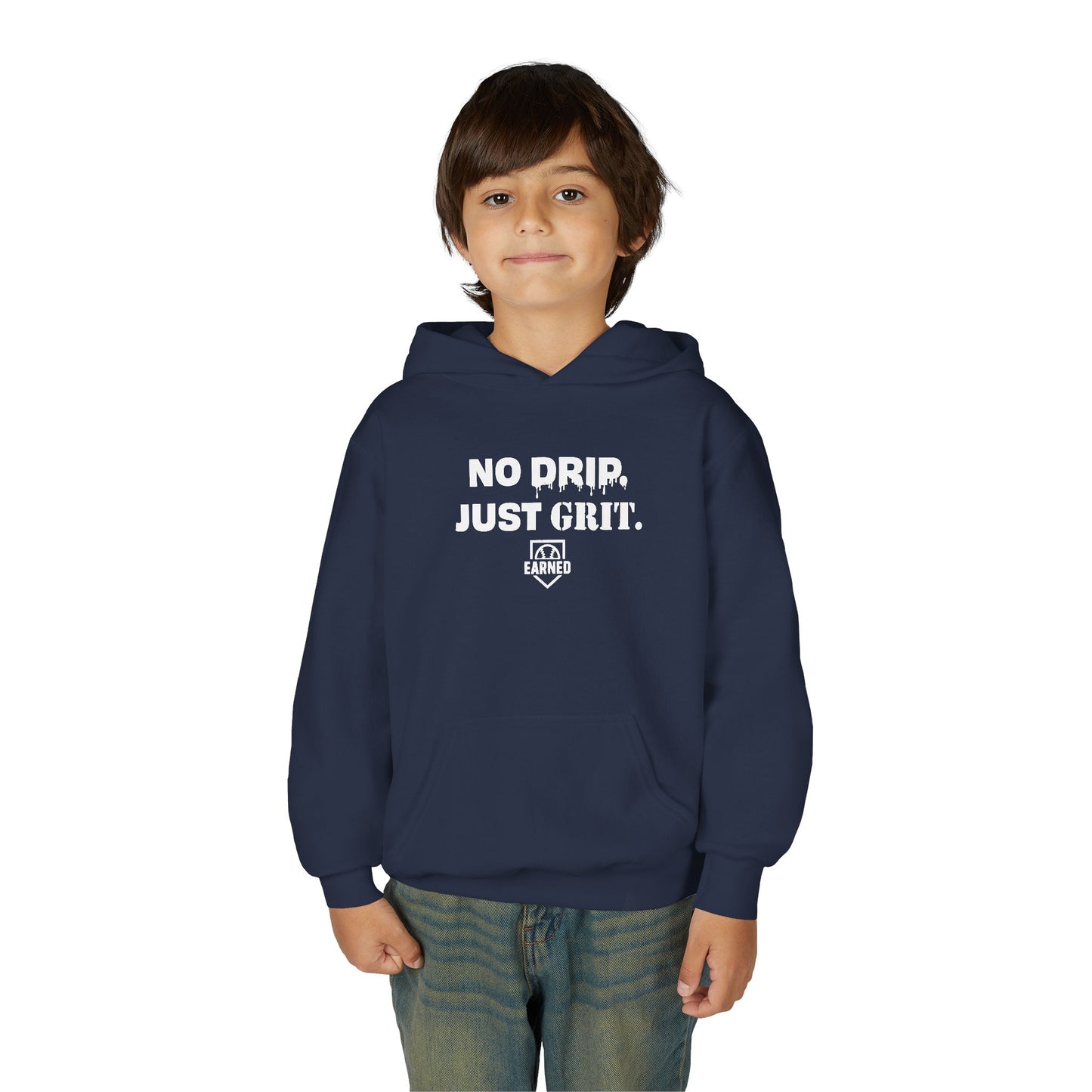 NO DRIP. JUST GRIT. Youth Hoodie (White Logo)