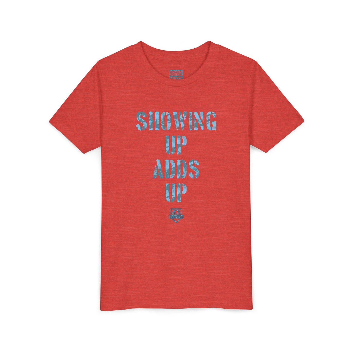 SHOWING UP ADDS UP Youth Tee (Blue Camo Font)