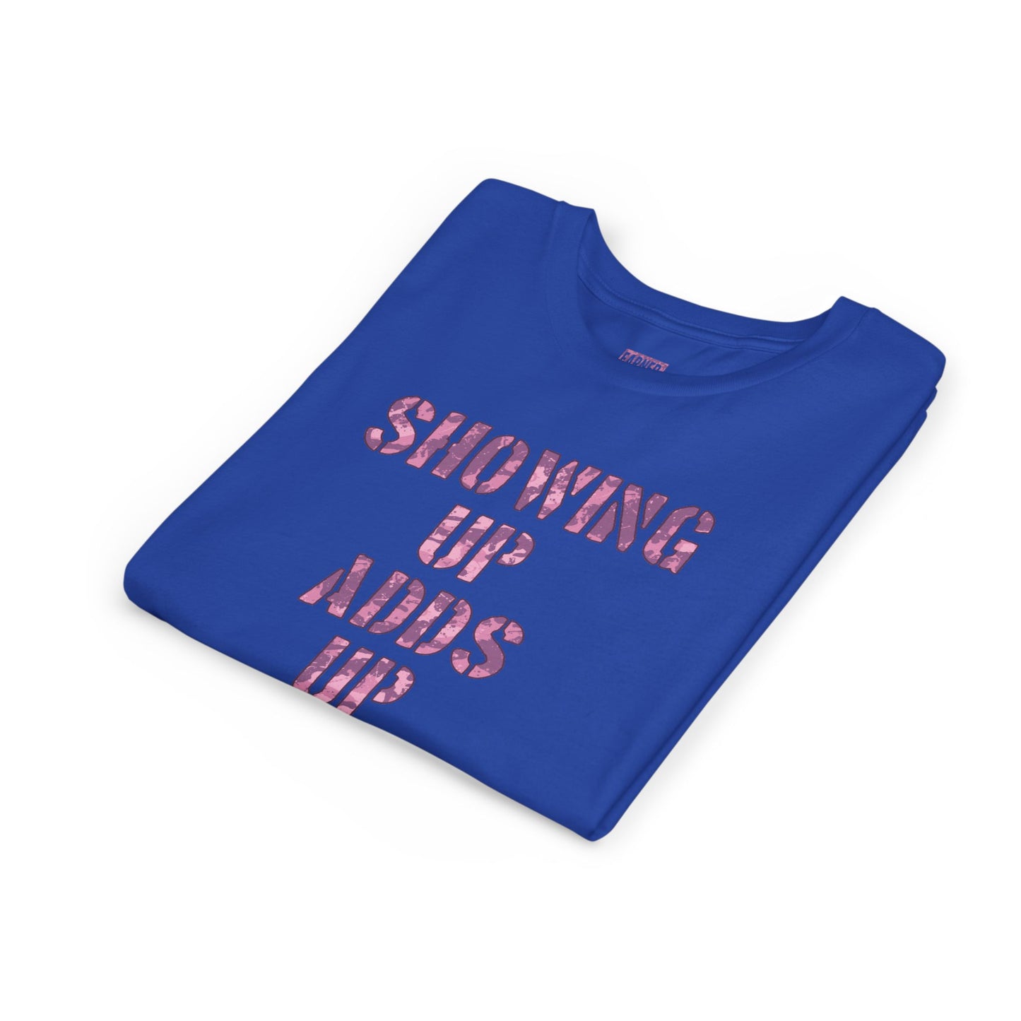 SHOWING UP ADDS UP Youth Tee (Pink Camo Font)
