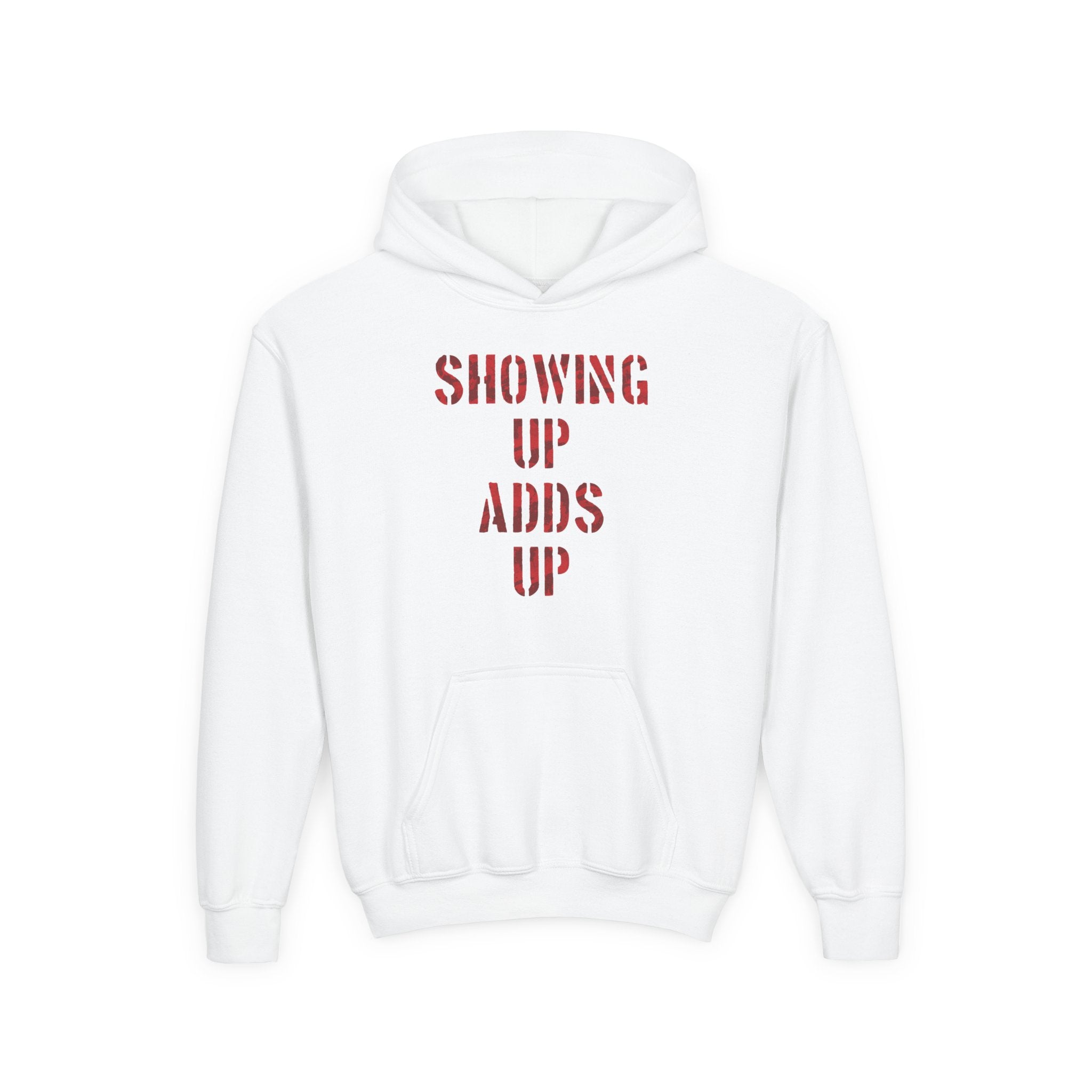 SHOWING UP ADDS UP Youth Hoodie (Red Camo Logo)