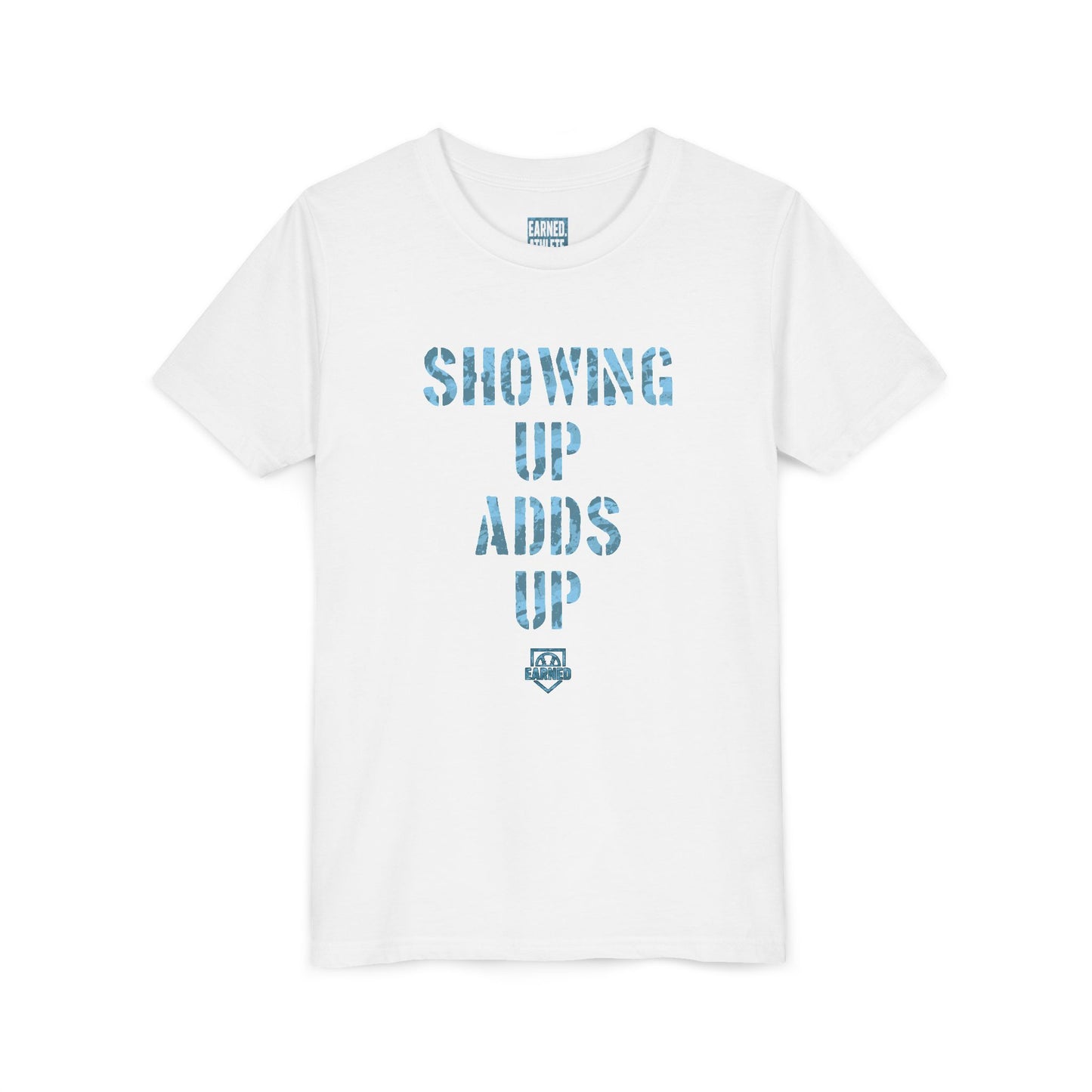 SHOWING UP ADDS UP Youth Tee (Blue Camo Font)