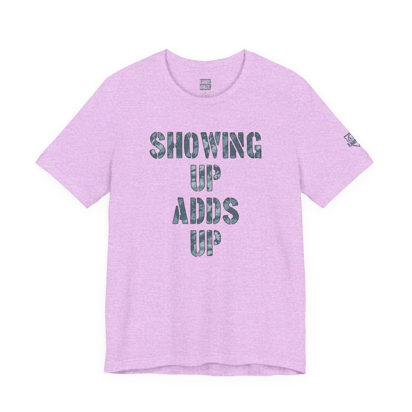 SHOWING UP ADDS UP TEE (White & Gray Camo Font)