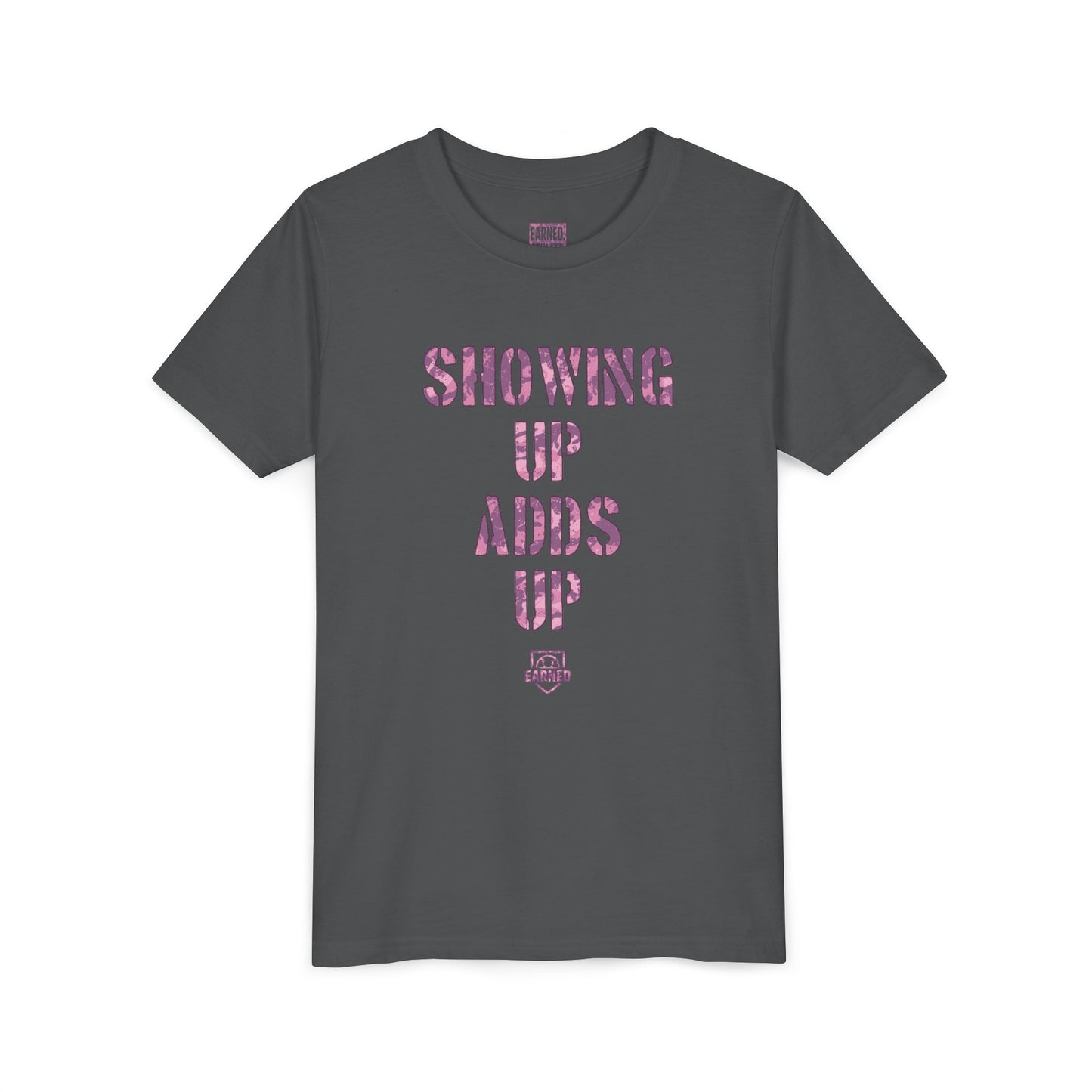 SHOWING UP ADDS UP Youth Tee (Pink Camo Font)