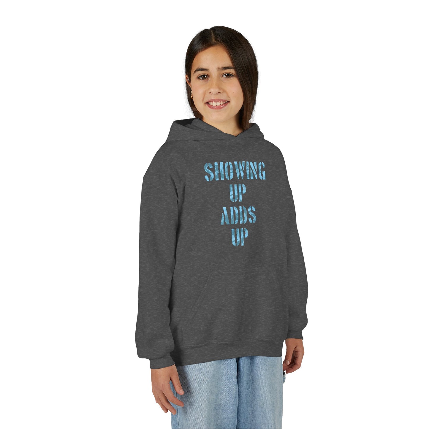 SHOWING UP ADDS UP Youth Hoodie (Blue Camo Logo)