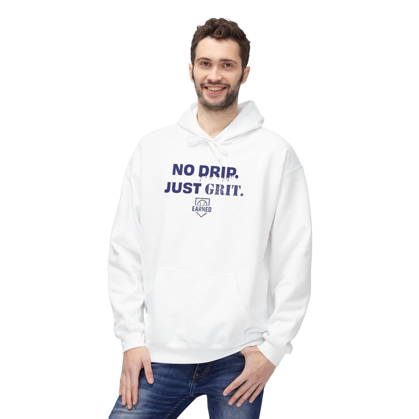 NO DRIP. JUST GRIT. Hoodie (Dark Blue Font)