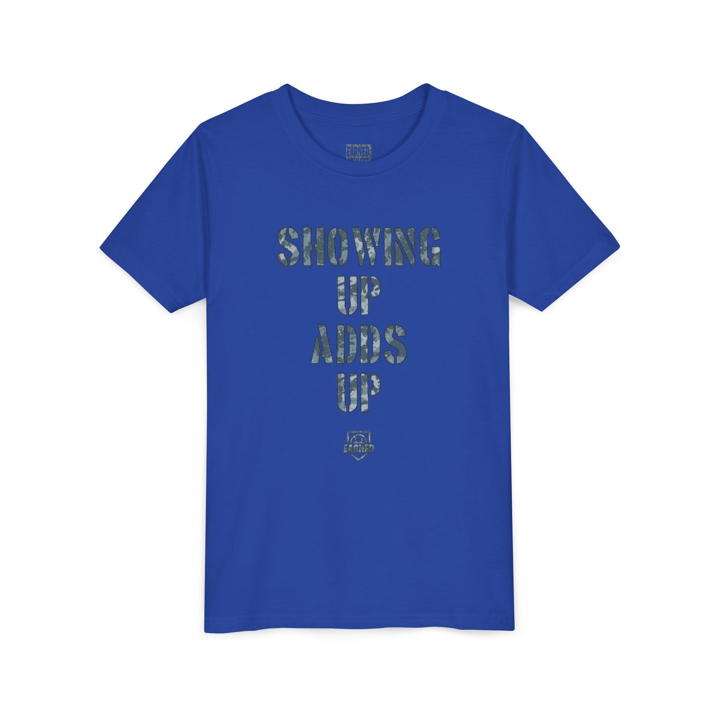 SHOWING UP ADDS UP Youth Tee (Grey Camo Font)