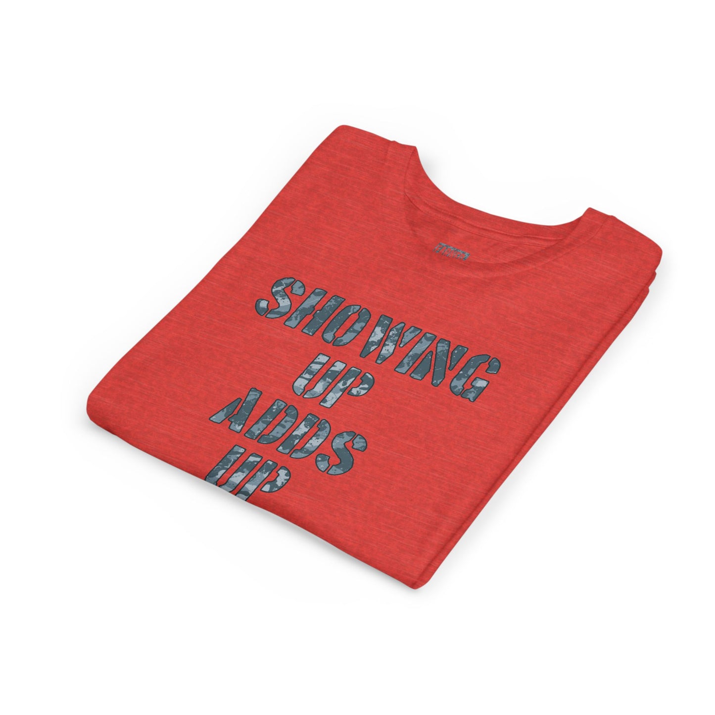 SHOWING UP ADDS UP Youth Tee (Grey Camo Font)