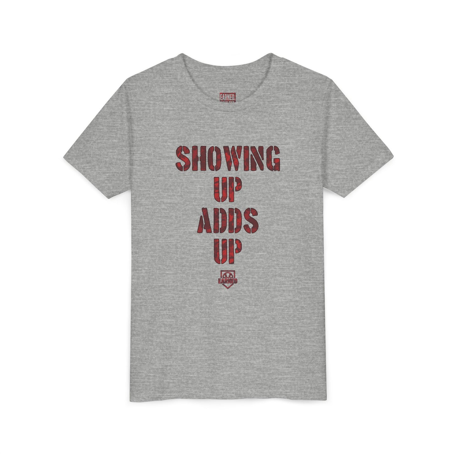 SHOWING UP ADDS UP Youth Tee (Red Camo Font)