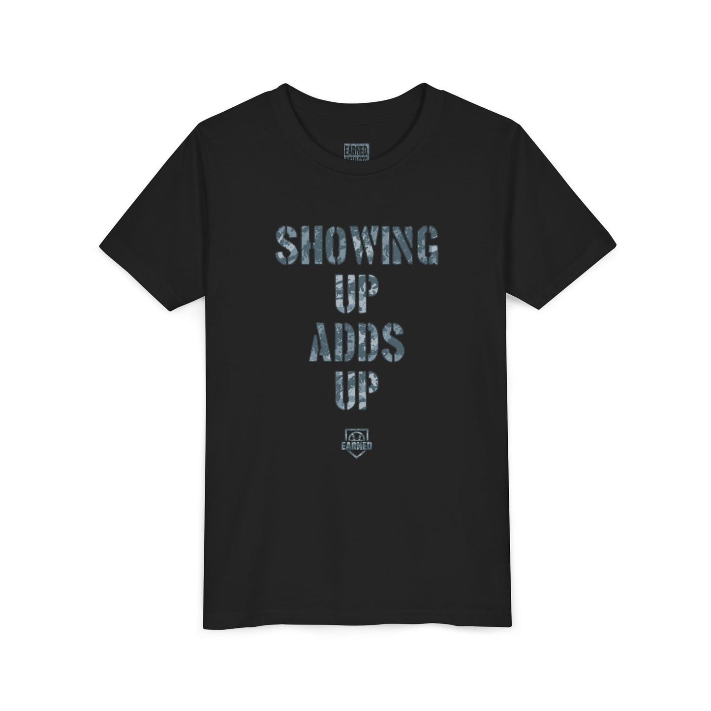 SHOWING UP ADDS UP Youth Tee (Grey Camo Font)