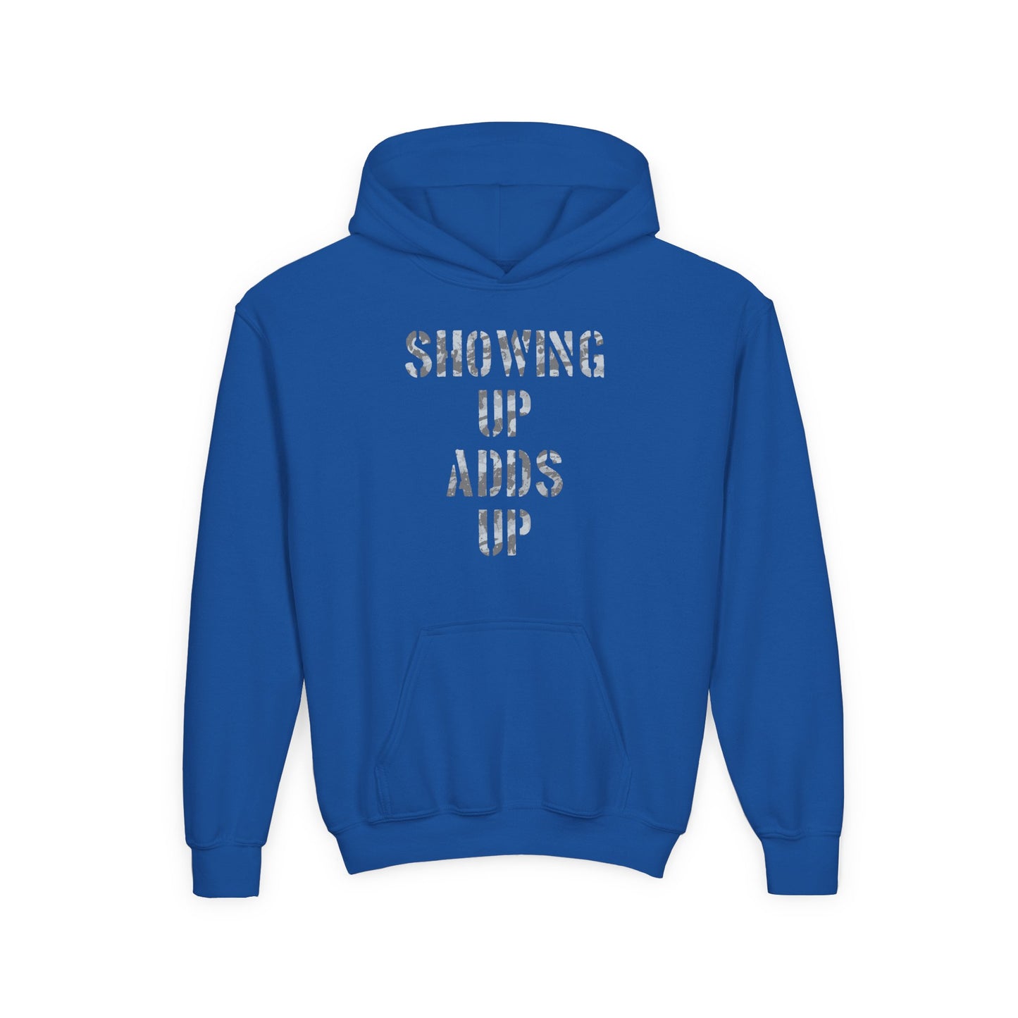 SHOWING UP ADDS UP Youth Hoodie (Grey Camo Logo)