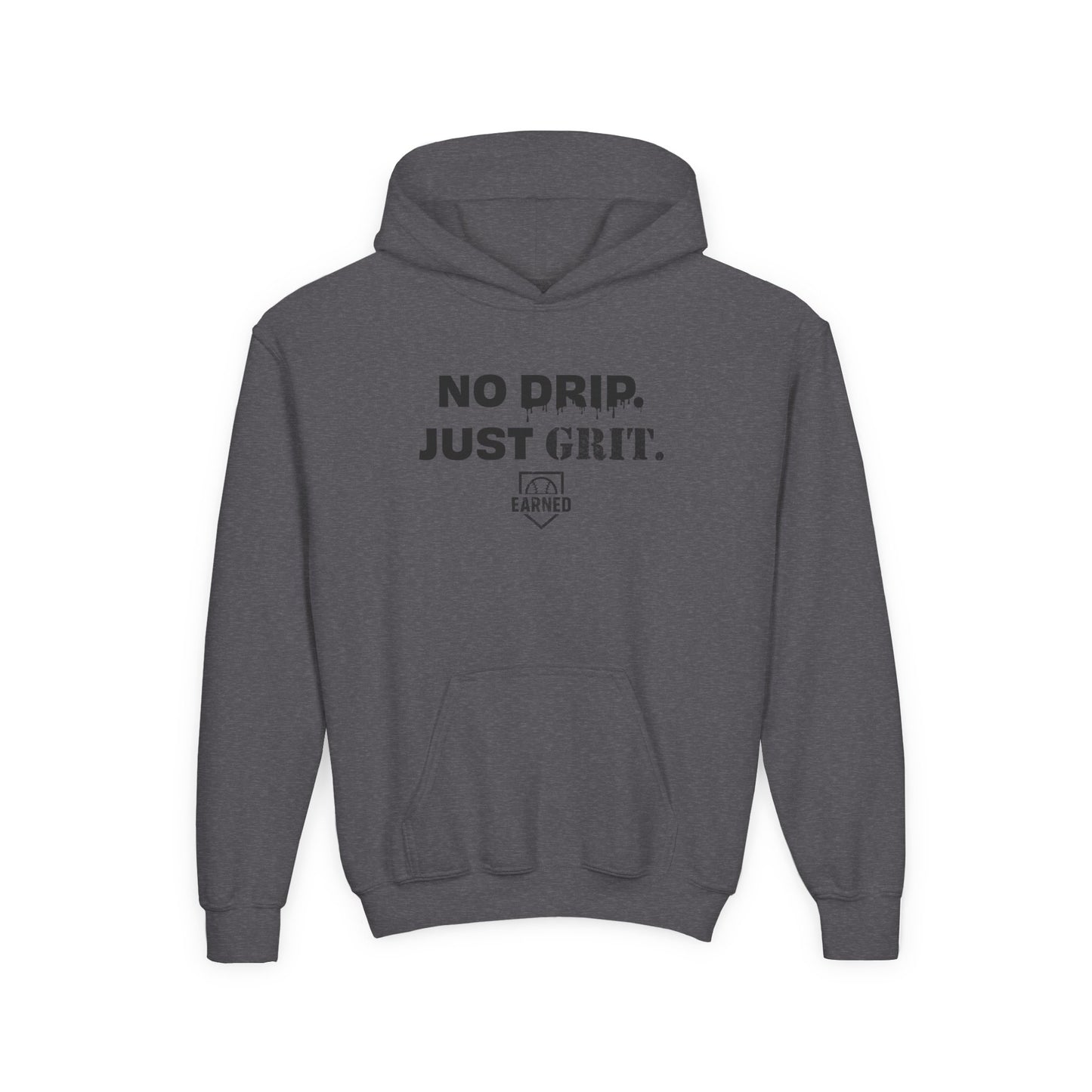 NO DRIP. JUST GRIT. Youth Hoodie (Black Logo)
