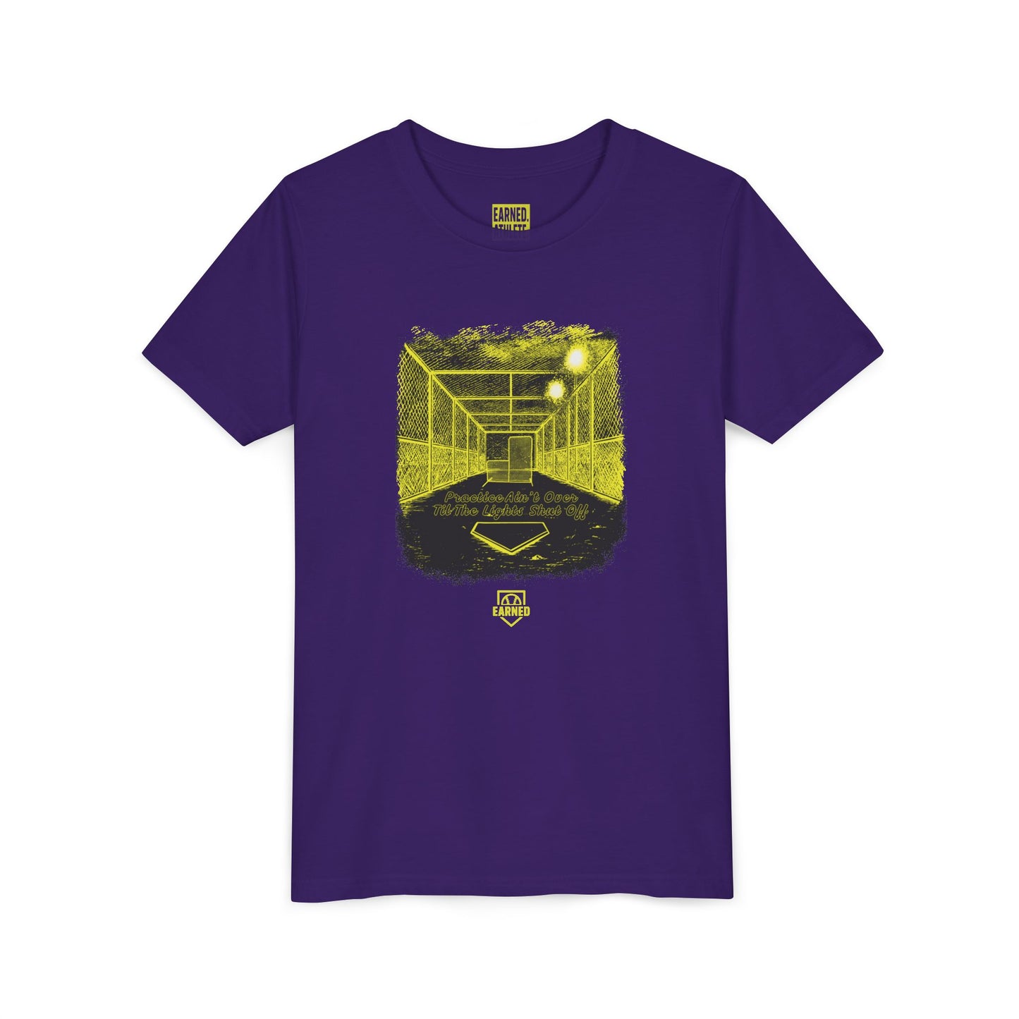 PRACTICE AIN'T OVER TILL THE LIGHTS SHUT OFF Youth Tee (Yellow Font)