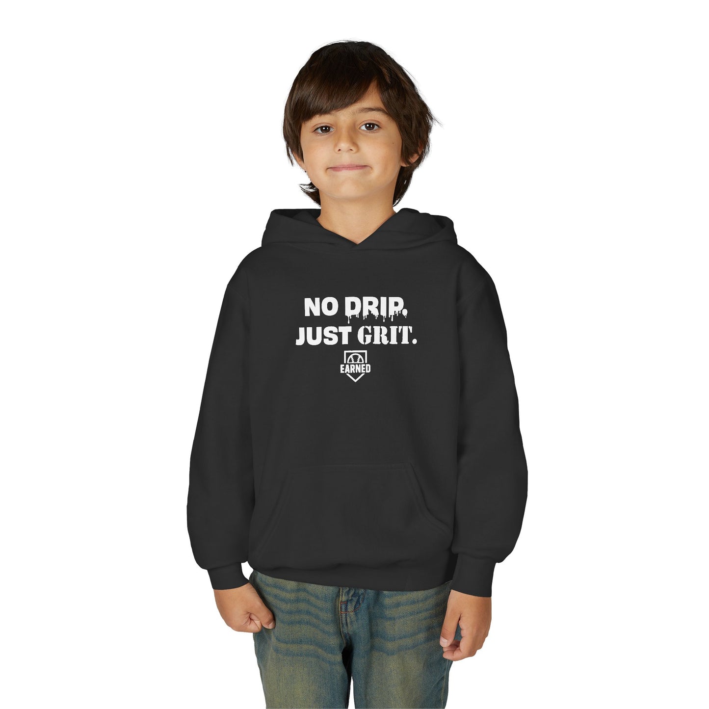 NO DRIP. JUST GRIT. Youth Hoodie (White Logo)