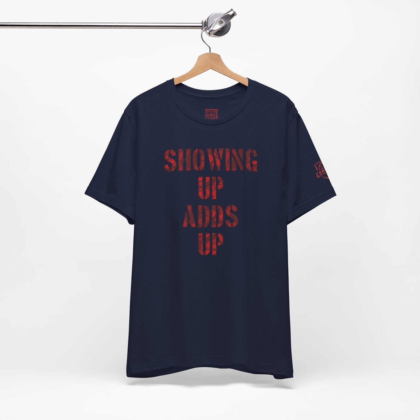 SHOWING UP ADDS UP Tee (Red Camo Font)