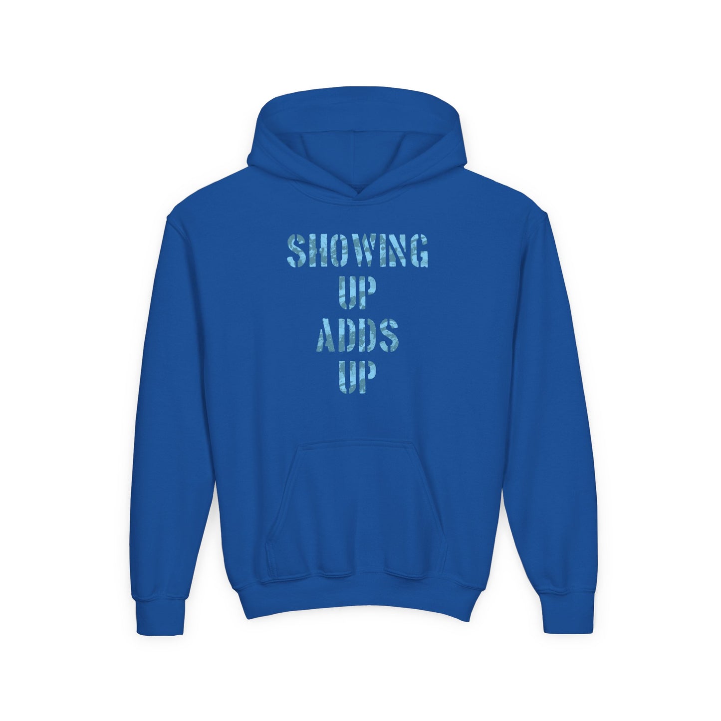 SHOWING UP ADDS UP Youth Hoodie (Blue Camo Logo)