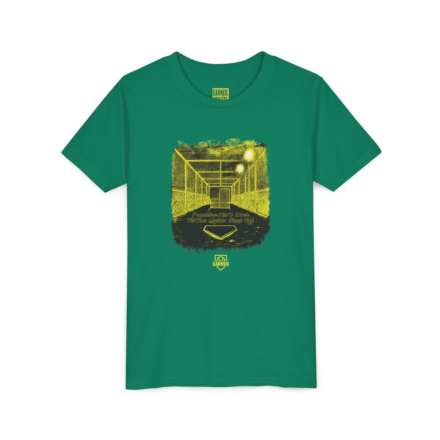 PRACTICE AIN'T OVER TILL THE LIGHTS SHUT OFF Youth Tee (Yellow Font)