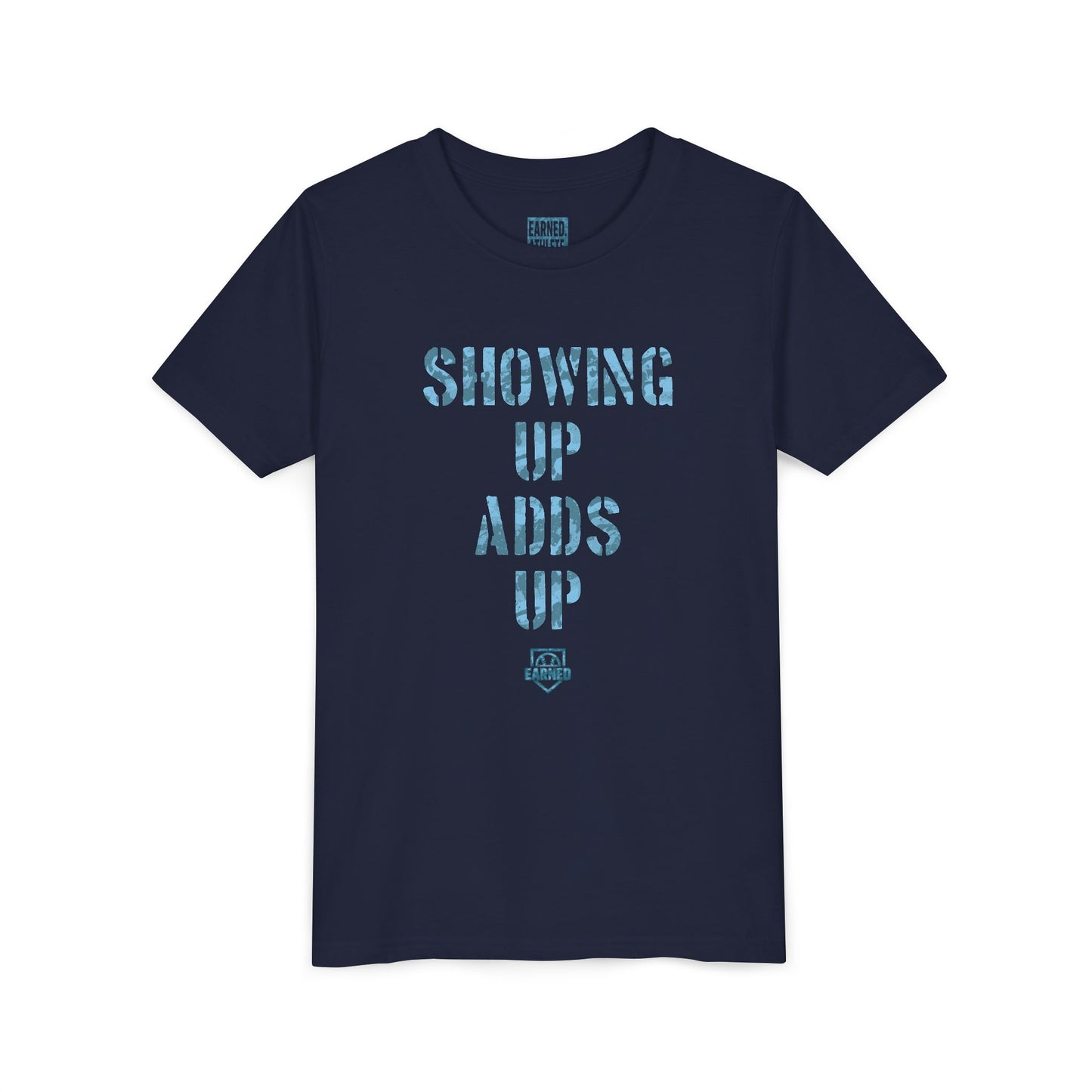 SHOWING UP ADDS UP Youth Tee (Blue Camo Font)