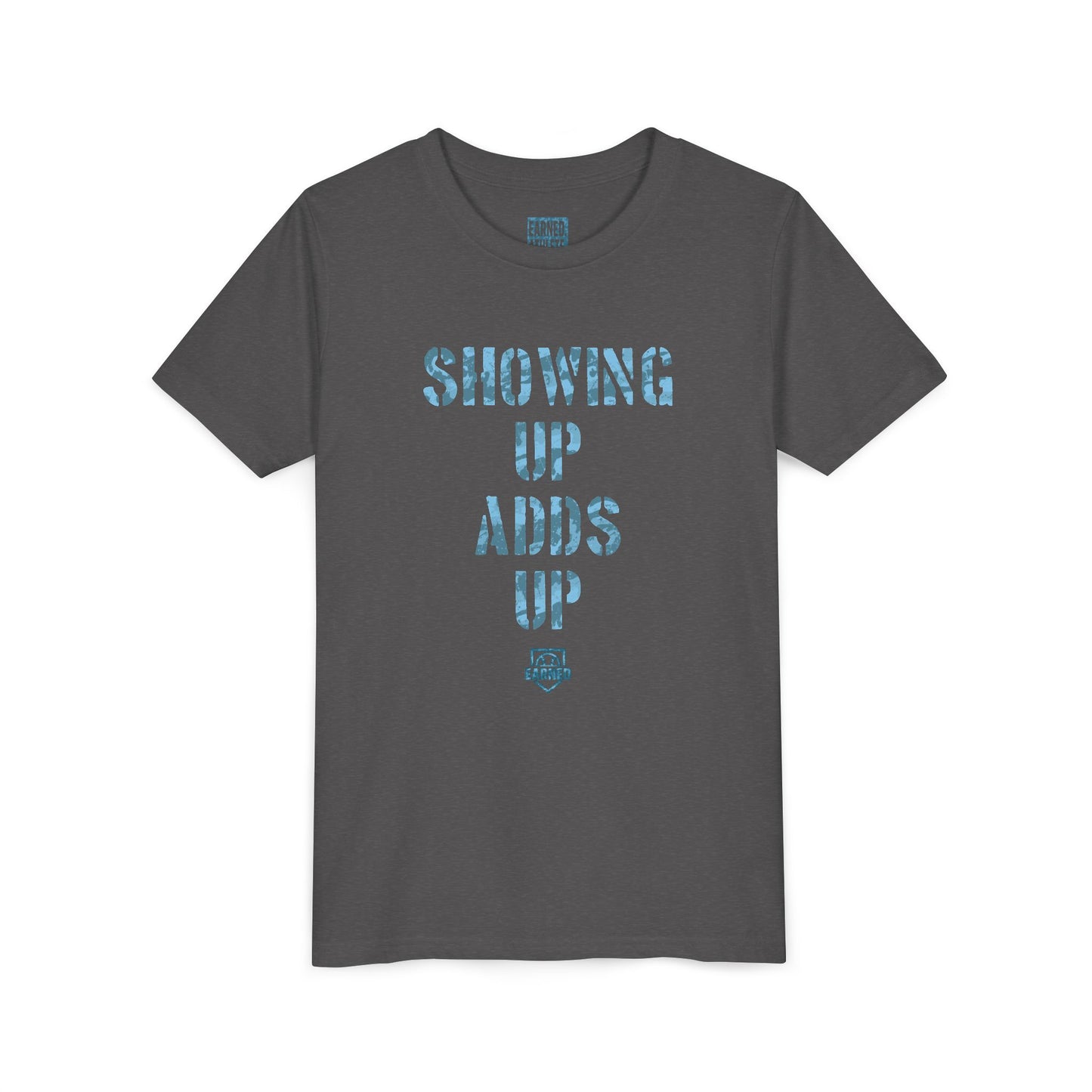 SHOWING UP ADDS UP Youth Tee (Blue Camo Font)