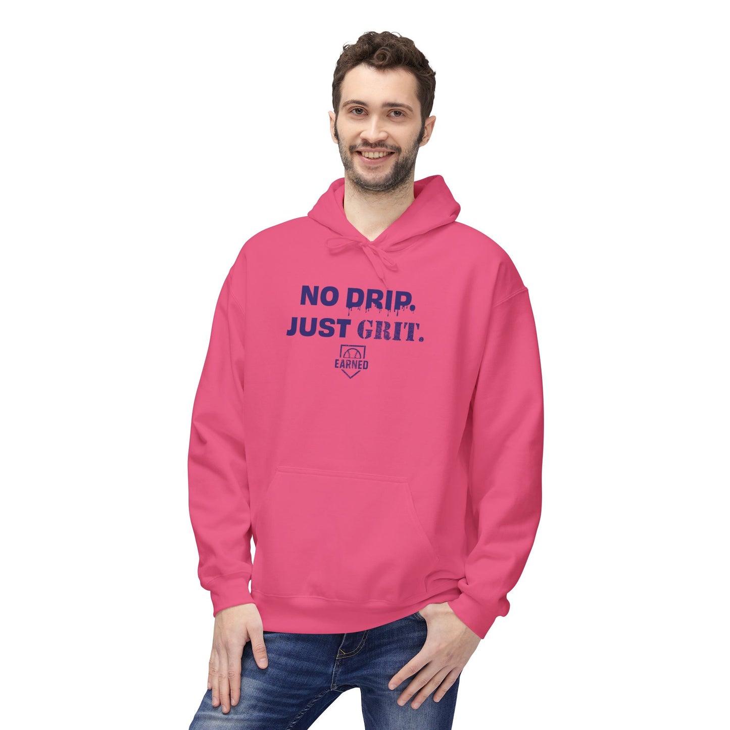 NO DRIP. JUST GRIT. Hoodie (Dark Blue Font)