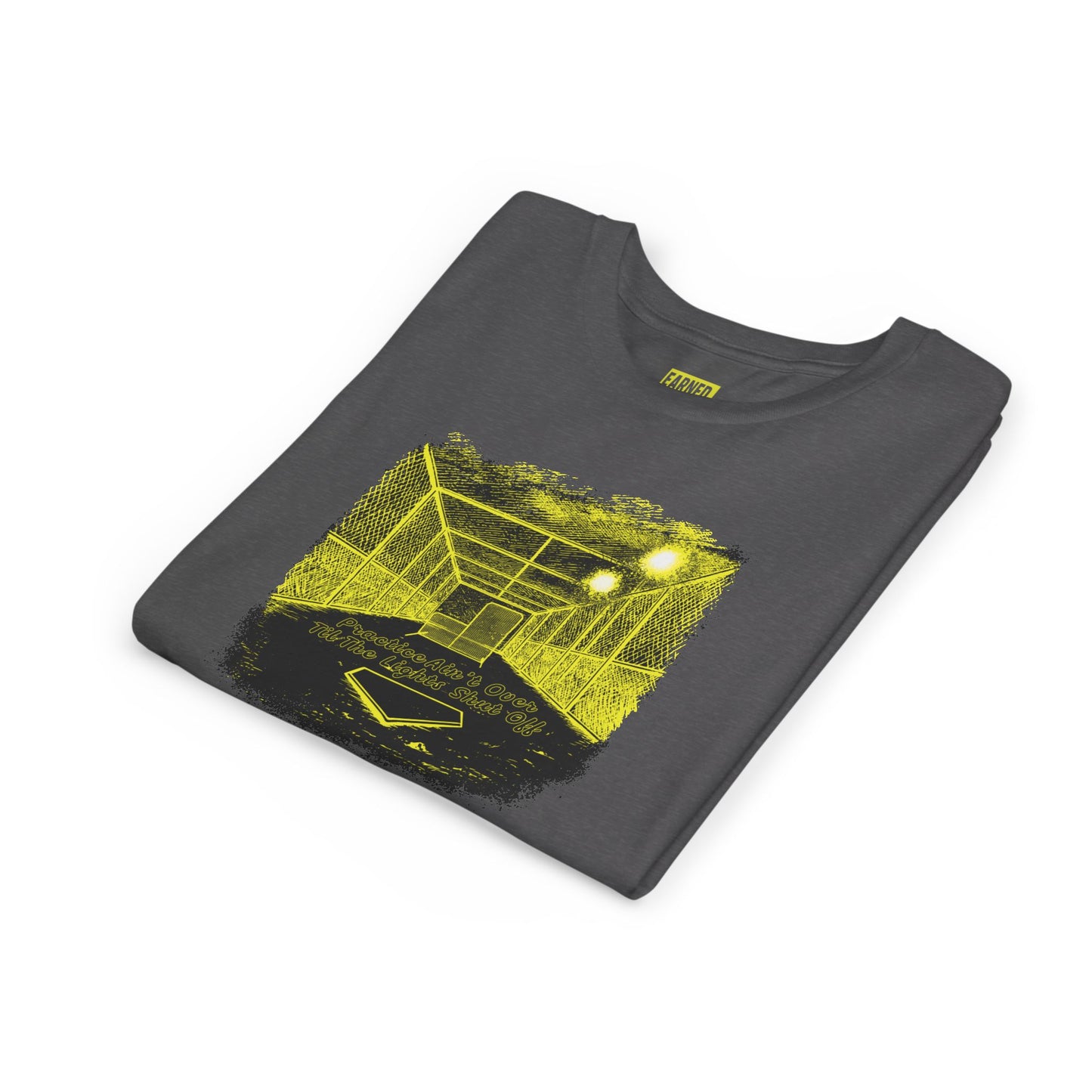 PRACTICE AIN'T OVER TILL THE LIGHTS SHUT OFF Youth Tee (Yellow Font)