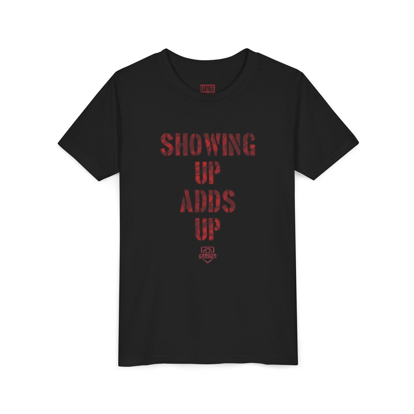 SHOWING UP ADDS UP Youth Tee (Red Camo Font)