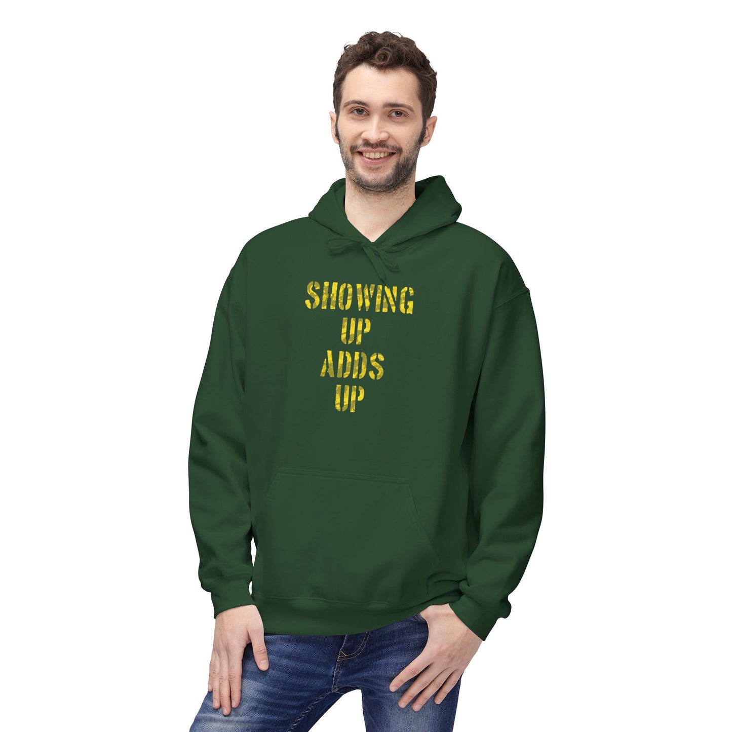 SHOWING UP ADDS UP Adult Hoodie (Yellow Camo Logo)