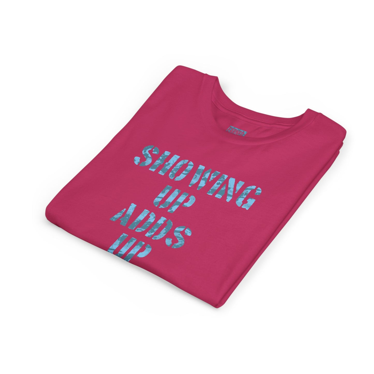 SHOWING UP ADDS UP Youth Tee (Blue Camo Font)