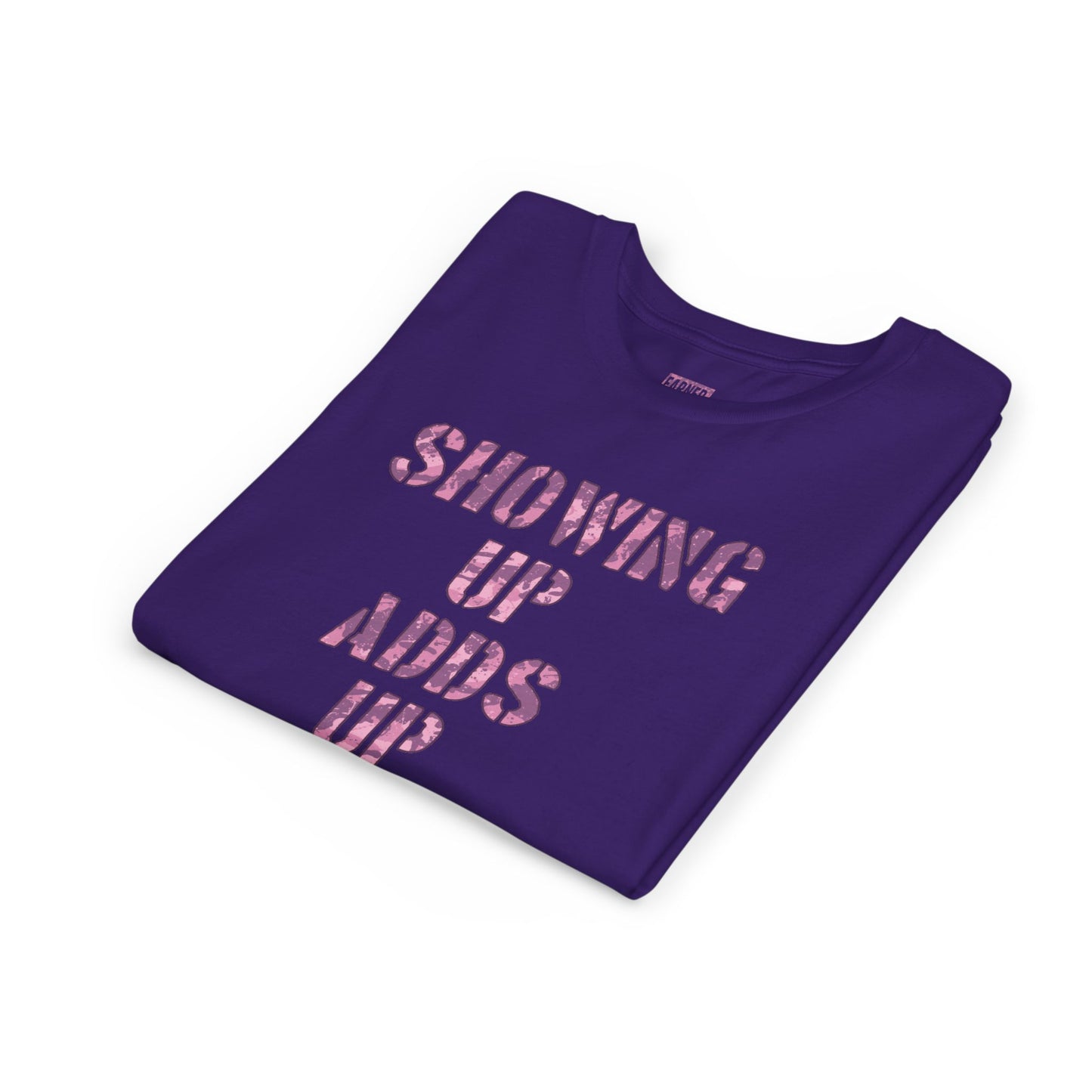 SHOWING UP ADDS UP Youth Tee (Pink Camo Font)