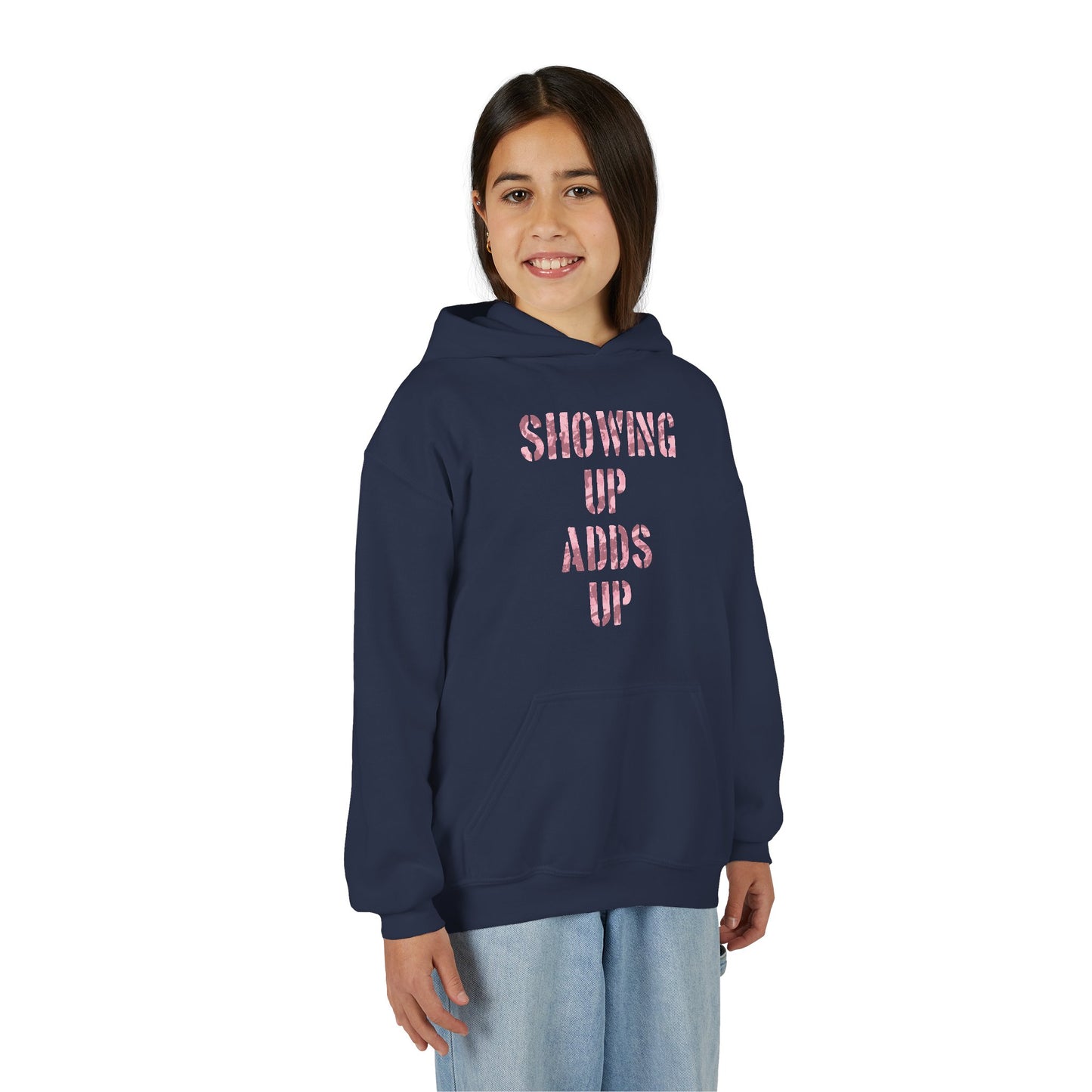 SHOWING UP ADDS UP Youth Hoodie (Pink Camo Logo)