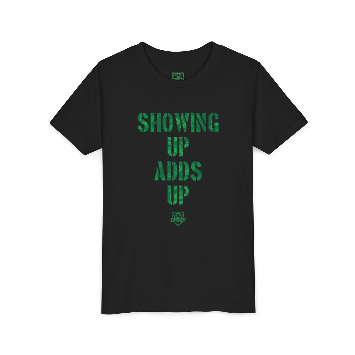 SHOWING UP ADDS UP Youth Tee (Green Camo Font)