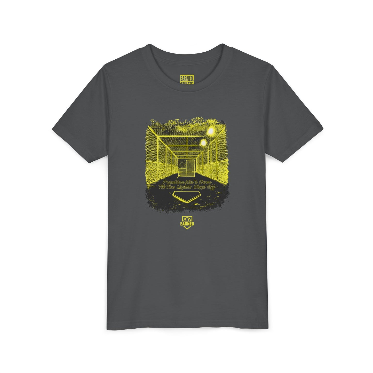 PRACTICE AIN'T OVER TILL THE LIGHTS SHUT OFF Youth Tee (Yellow Font)
